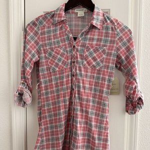 Passport Girl - Pink/Grey Plaid Flannel Button-Up Blouse, Large